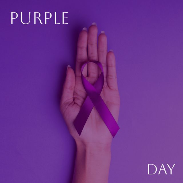 Composition of purple day text and purple ribbon in woman's hand on purple background. Purple day and epilepsy awareness concept digitally generated image.