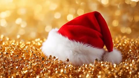 Camera pulling in on Santa hat resting on golden beads with sparkling bokeh glow