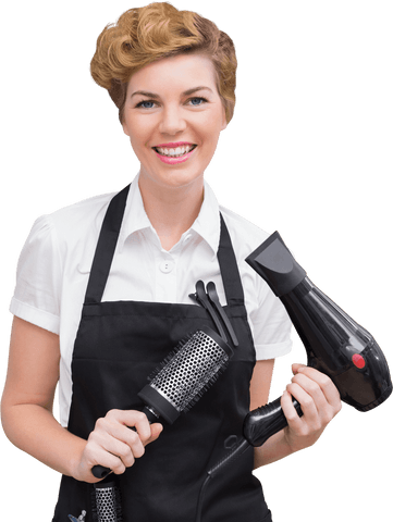 Smiling female hairdresser with hairdressing tools transparent background