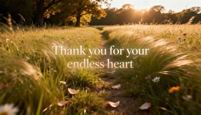 Golden meadow footpath at sunset with wildflowers, backlit grasses and serif message overlay