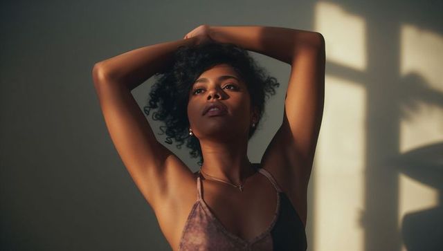 Woman Facing Sunlight Raising Arms in Elegant Indoor Portrait