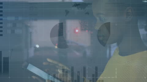 Businesswoman Analyzing Data on Tablet with Financial Graph Overlay