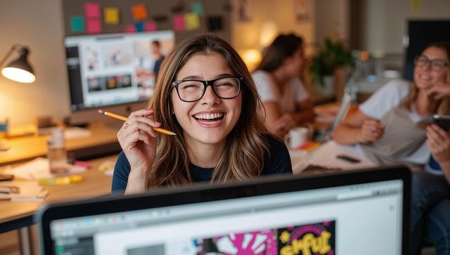 Young Creative Woman Smiling at Camera Holding Pencil in Vibrant Coworking Design Studio
