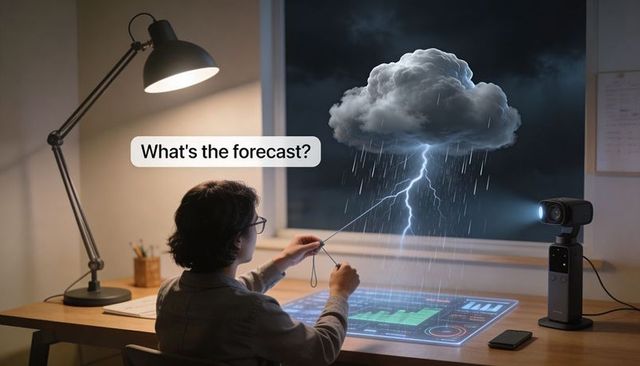 Man with glasses interacting with holo weather display and lightning storm above desk