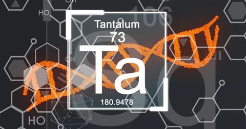 Digital illustration features tantalum element symbol overlaid on DNA strand with chemical formulas in background, representing intersection of theoretical science and modern technology. Useful for articles about advancements in chemistry and biology or educational presentations explaining relationships between various scientific fields.