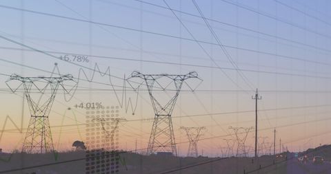 Digital Data Overlay on Electricity Transmission Towers at Sunset - Download Free Stock Images Pikwizard.com