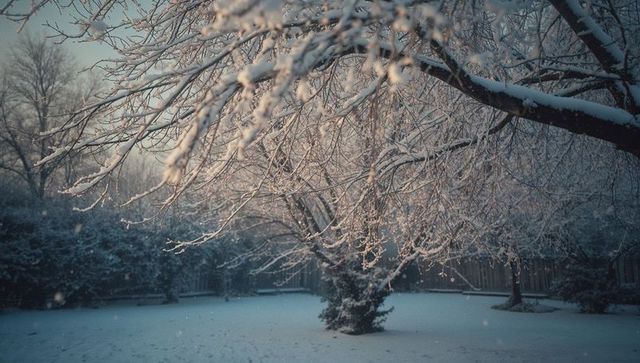 Snow-laden trees encompass serene rural backyard
