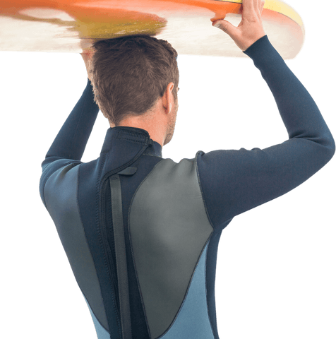 Fit Caucasian Man Holding Surfboard on Transparent Background