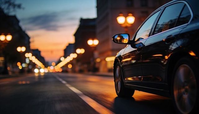 Luxury sedan driving through urban twilight reflecting warm streetlight glow bokeh motion blur