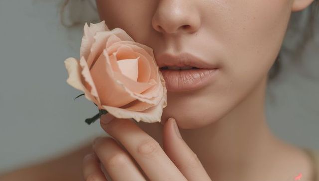 Delicate portrait holding pale peach rose near lips showcasing freckled skin and nails