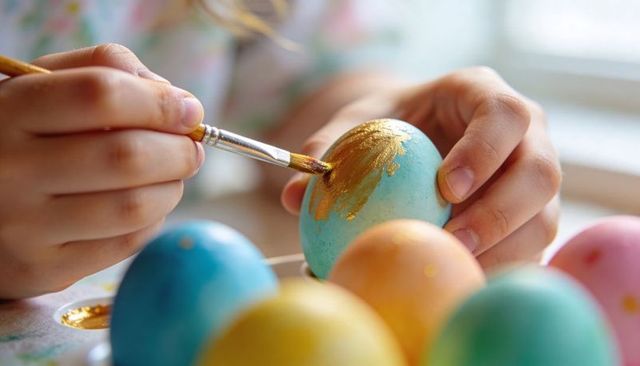 Child painting pastel easter egg with gold brush strokes close-up crafting at home