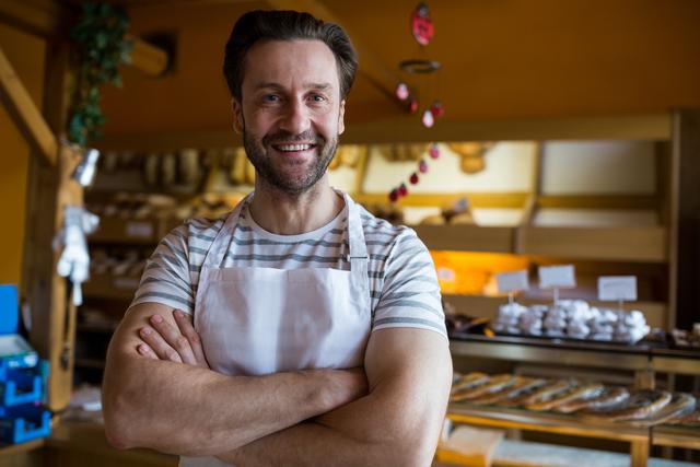 Smiling bakery owner standing proudly with crossed arms inside his shop. This image can be used for showcasing small businesses, entrepreneurship, local bakeries, food industry, and professional bakeries. Ideal for websites, advertisements, and promotional materials highlighting local businesses and the personal touch in customer service.