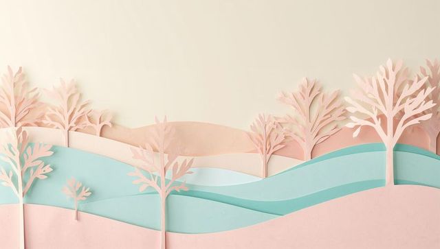 Pastel paper-cut landscape layering gentle hills and delicate silhouette trees