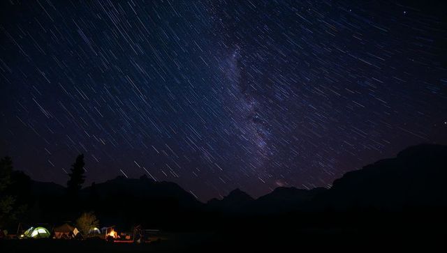 Glowing tents and campfire under milky way with dynamic star trails over alpine peaks