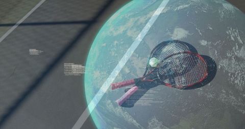 Tennis Rackets and Ball Overlapping Earth with Data Visuals