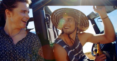 Joyful Friends Smiling on Sunny Road Trip Adventure