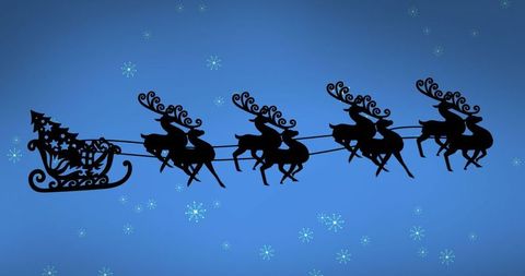 Silhouetted Christmas Sleigh and Reindeer Against Blue Background