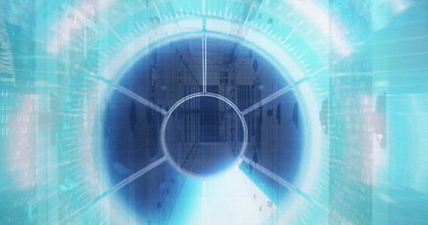 Glowing cyan HUD portal overlaying data center corridor with holographic ring interface