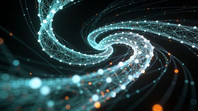 Spiraling neon data ribbons intertwining through 3d network with teal and orange nodes