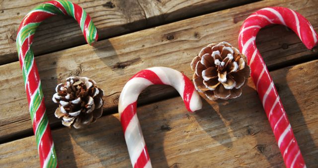 Candy canes and pine cones are arranged on a wooden surface, evoking a festive holiday atmosphere. Their placement suggests Christmas decorations, with the traditional red and white stripes of the candy canes adding a cheerful touch.