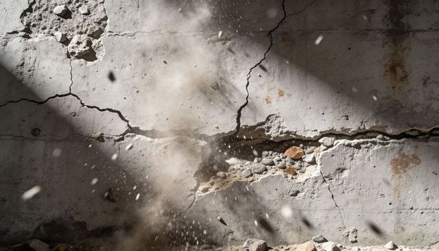Cracked concrete wall exposing aggregate, dust falling, debris scattering