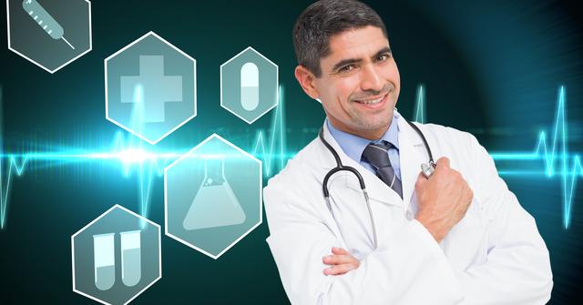 Male doctor standing and holding stethoscope against digitally generated background