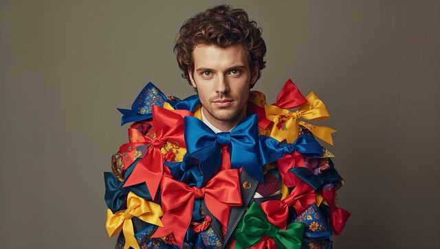 Man styled with vibrant satin bows and patterned jacket high fashion portrait