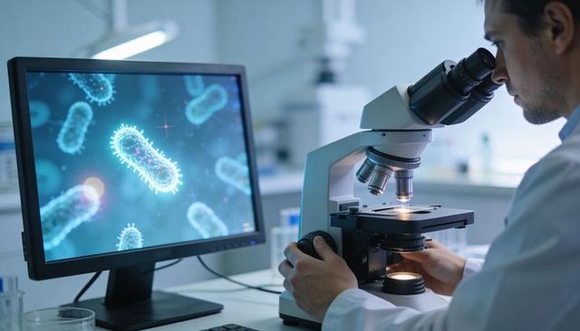 Laboratory scientist examining bacteria under microscope with monitor displaying microbes