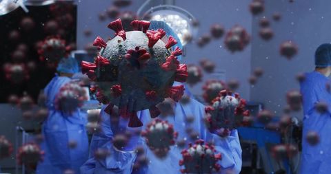 Coronavirus particles surrounding surgical team operating in sterile hospital or