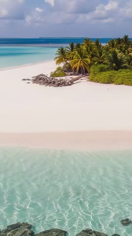 Drone descending over palm-lined sand and granite boulders into turquoise lagoon vertical video