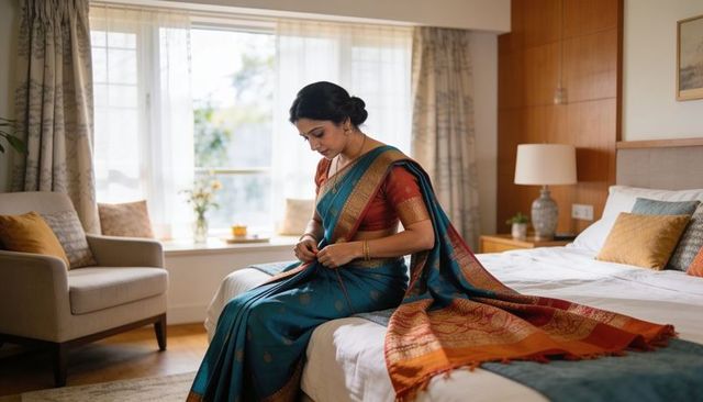 Indian woman sitting wearing teal silk saree adjusting pallu in sunlit cozy bedroom
