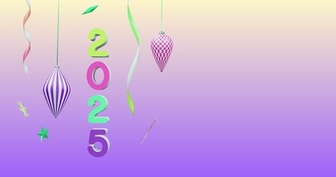 Colorful 2025 Greeting with Ornaments and Gradient Background