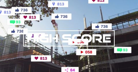 Social Media Notifications Over Urban Construction Cityscape