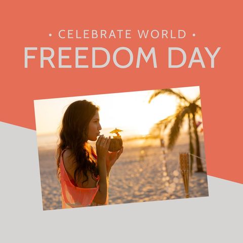 Young woman celebrating world freedom day on beach