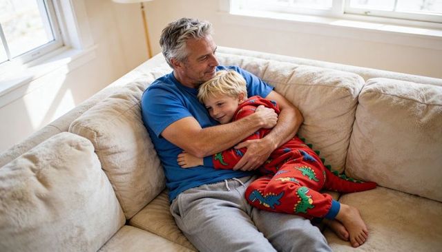 Father cuddling son on couch wearing dinosaur pajamas showing warm bonding moment