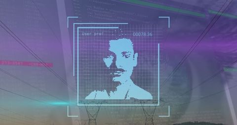 Futuristic technology with power lines and digital data overlay