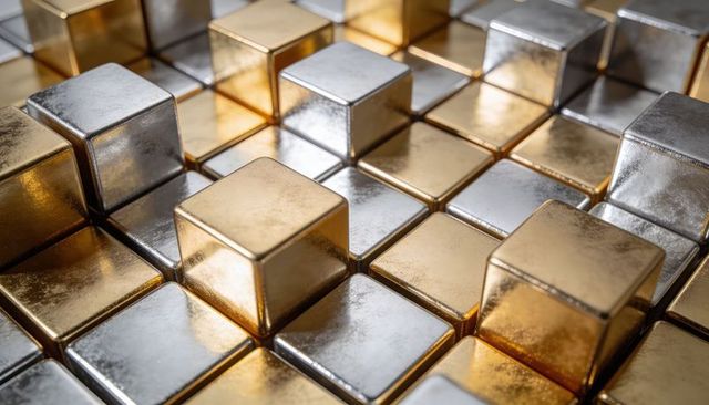 Gold and silver metallic cubes forming reflective geometric grid with raised tiles