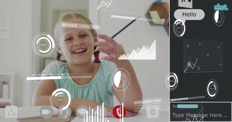 Smiling girl studying with virtual learning HUD and data overlays, remote learning