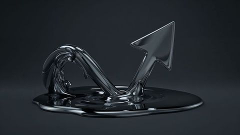 Minimalist black metallic curved arrow emerging from liquid pool