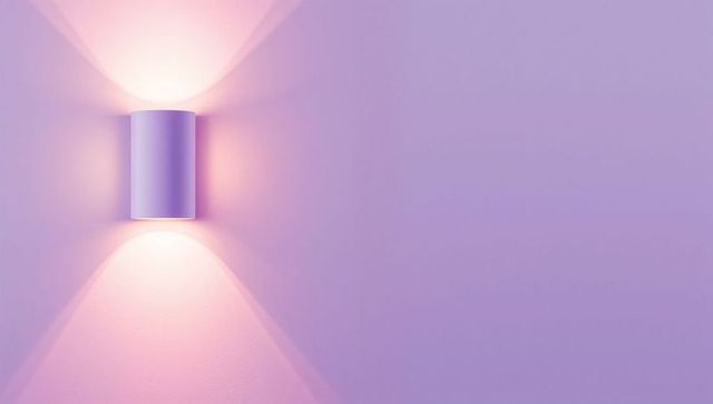 Minimal lavender-pink wall sconce casting warm triangular light beams on textured wall