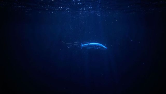 Glowing bioluminescent fish drifting through deep ocean light shafts with filament tails