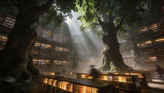 Moss-covered tree rising through rotunda library with sunlight beams and mystery