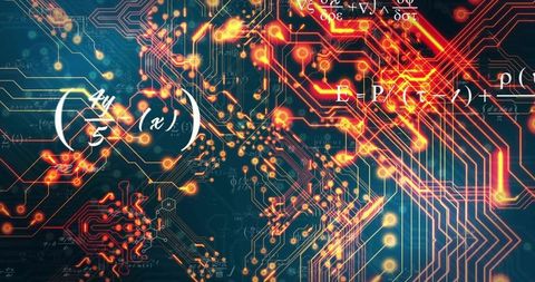 Glowing Circuitry and Mathematical Formulas Converging in Neon Digital Network Matrix