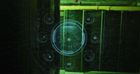 Cybersecurity icons overlaying data server room