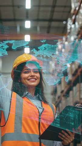 Female worker scanning holographic map in warehouse using tablet for smart logistics planning