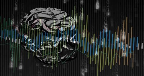 Shiny neural brain sculpture overlaid with holographic data bars, binary code, ai analytics