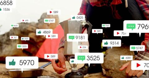 Brewing camp espresso on portable stove with social media engagement overlay