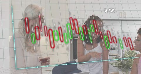 Women collaborating while analyzing candlestick trading chart on laptop in modern kitchen