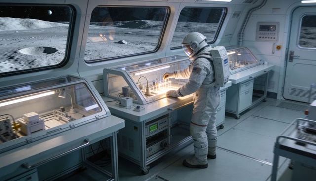 Astronaut conducting glovebox experiments in lunar habitat laboratory with moon view