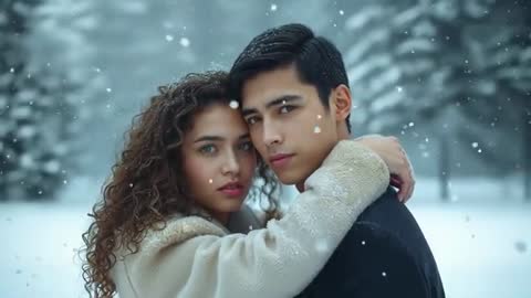Romantic Couple Embracing in Snowy Forest Highlighted by Falling Snowflakes